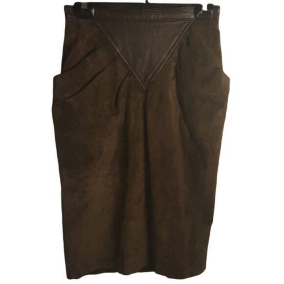 Danier vintage brown pencil leather suede 'triangle  waist' skirt - Picture 1 of 9